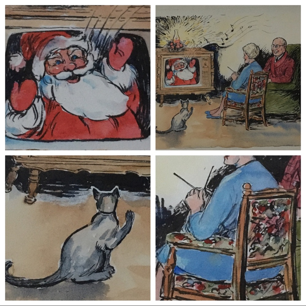 ORIGINAL watercolor JANE L. SWENSEN Christmas Cat grandpa grandma knitting